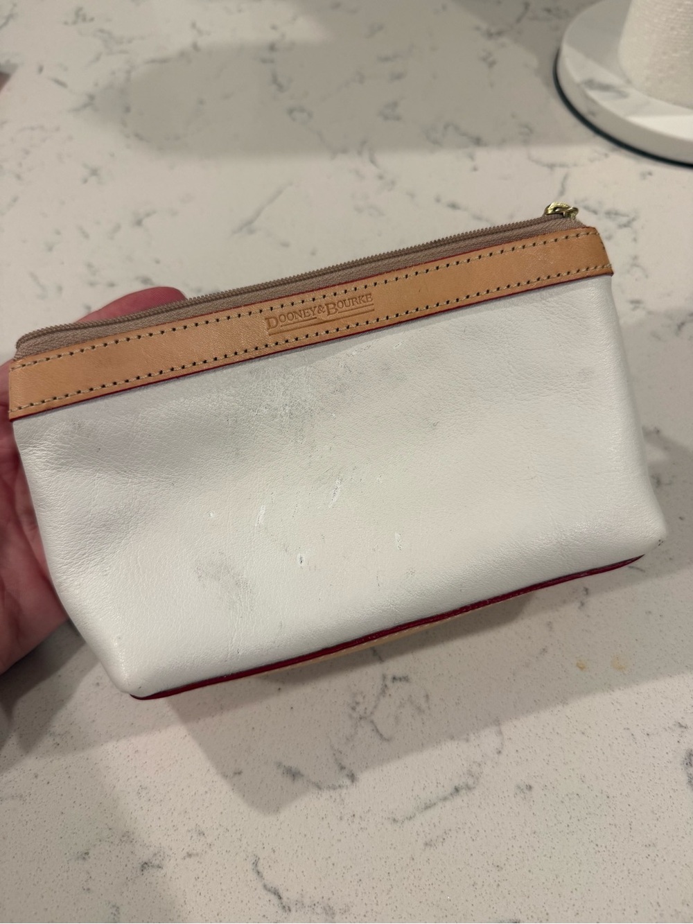 Dooney & Bourke White Leather Cosmetic Pouch with Tan Trim